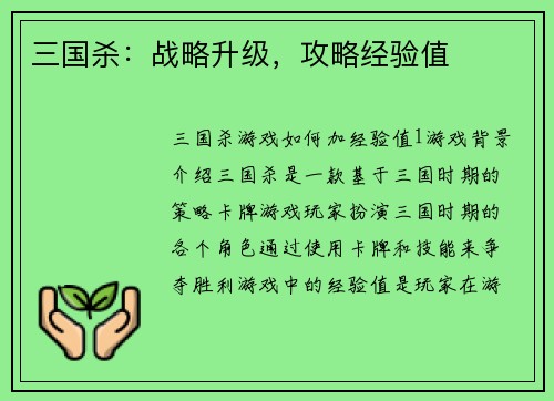 三国杀：战略升级，攻略经验值